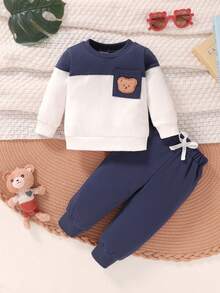 2pcs/Set Casual Cute Cartoon Applique Patchwork Colorblock Crew Neck Long Sleeve Sweatshirt And Front Tie Elastic Waist Pants Set, Soft & Comfortable Baby Boy Clothes, Baby Boy Outfit, Suitable For Daily, Vacation, Party, Outdoor - Multicolor - View 3