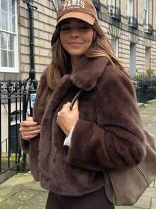 2025冬季女士复古仿皮草短款棕色皮草外套，时尚翻领，精致羊毛口袋，保暖外套，女士街头服饰 - 棕色 - 查看 3