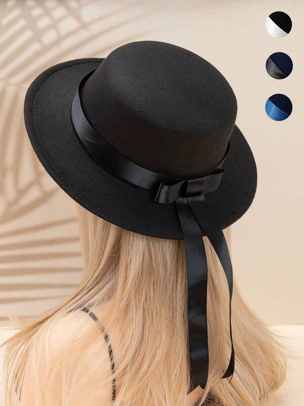 قبعة نسائية مسطحة الأعلى مزينة بشريط، أنيقة وعصرية، متعددة الاستخدامات للوقاية من الشمس، مناسبة للارتداء اليومي والمناسبات