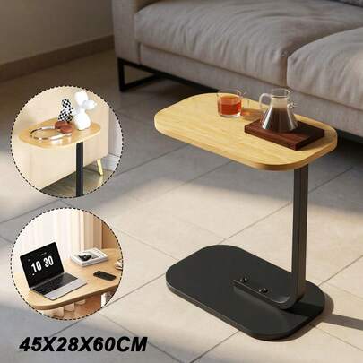 Modern C-Shaped Side End Table Iron Legs Frame And Wood Top, Bedside Nightstand Table Snack Books Side Table For Living Room Floor Balcony Corner Sofa