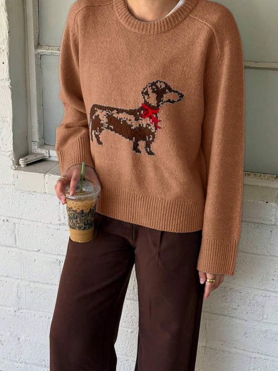 Áo len nữ mùa Thu/Đông đơn giản, dễ thương, cổ tròn, tay dài, chất liệu mềm mại, màu xanh nhạt, cổ tròn, họa tiết chó Dachshund, áo len màu xanh dương trang trí họa tiết chó Dachshund đáng yêu, thiết kế hoạt hình cổ điển tương phản. - Màu Khaki - Xem 1