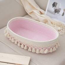 1pc Simple Tasseled Storage Basket, Handwoven Entryway Tabletop Organizer Basket, Cosmetic Storage Basket, White Tasseled Storage Basket