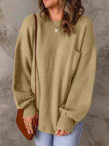 Women's Casual Crew Neck Pullover Solid Color Drop Shoulder Patch Pocket Sweater - Khaki - View 3