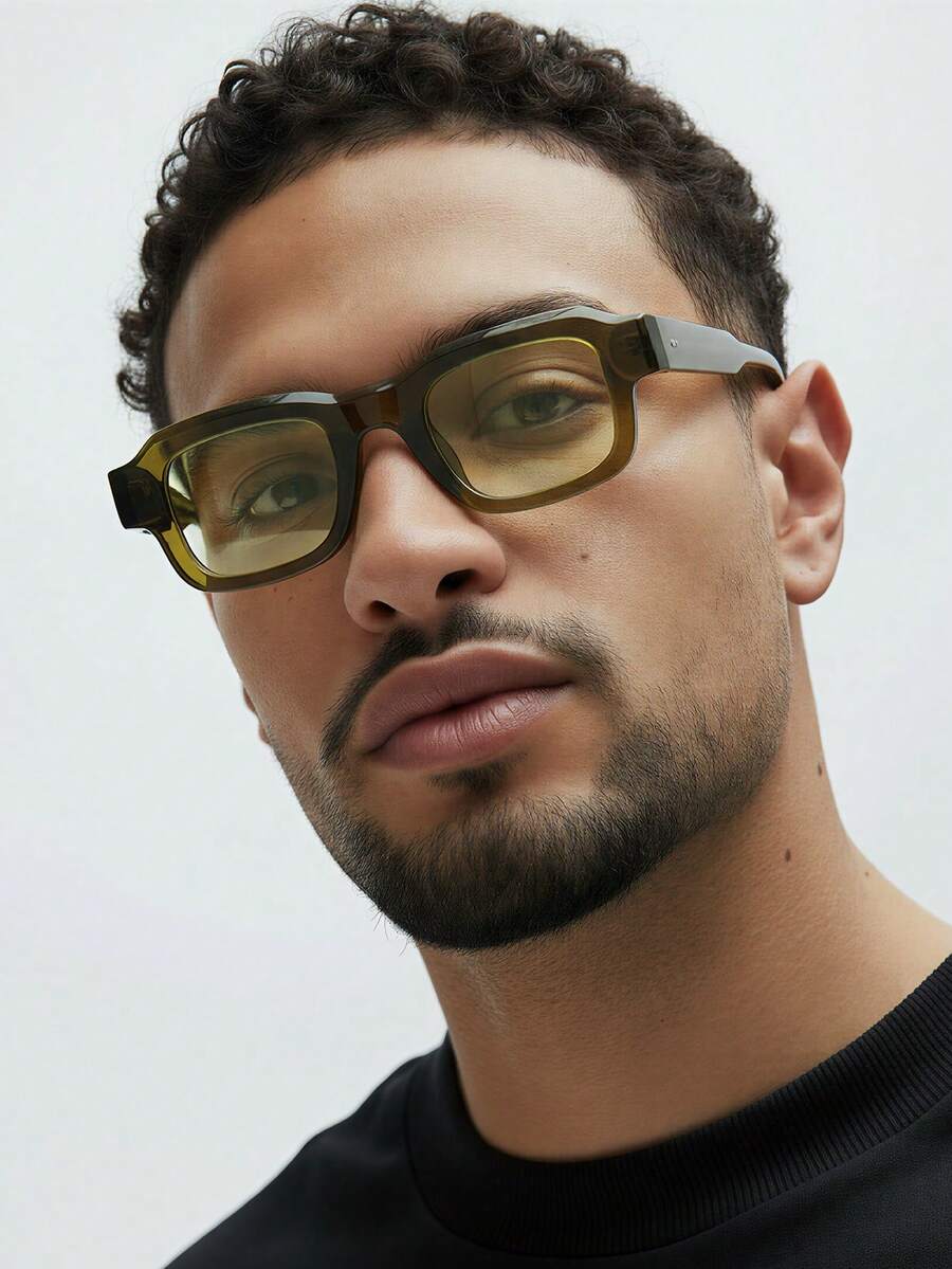 1 Pair Men's Olive Green Square PC Frame Personalized Solid Color Fashionable Outfit Street Style Vacation Fashion Glasses - Green - View 1