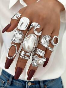 12/6pcs Set Elegant Vintage Delicate Party Style Faux Pearl Ruffle Geometric Metal Rings Set, Geometric Line Design Suitable For Women Daily, Party, Vacation Wear, Versatile Stackable, Perfect Gift For Holidays - Style 14 - View 2