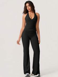 NcmRyu 1 Set Women's Sexy Halter Deep V-Neck Backless Crop Top And Flared Yoga Pants Activewear Set - Black - View 6