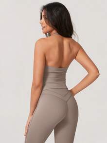 NcmRyu 1 Set Women's Sexy Halter Deep V-Neck Backless Shaping Flared Sports Suit - Grey - View 8
