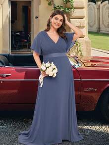 大码优雅V领褶皱胸部蓝色伴娘礼服，婚礼宾客正式礼服 - 藍色 - 查看 2