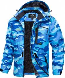 MAGCOMSEN Chamarra Hombre Invierno Impermeable Rompevientos Cálida Chamarras de Esquí de nieve Parka de Forro Polar con Capucha y bolsillos - Azul Cielo Camuflaje - Ver 13