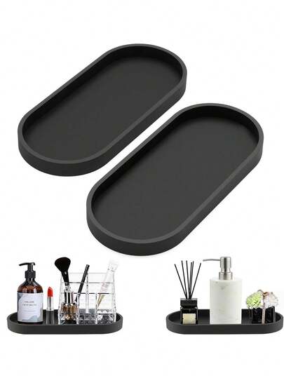 2 Bandejas ovaladas negras para el baño, bandeja de almacenamiento y exhibición de maquillaje, bandeja decorativa de escritorio, almacenamiento de artículos, bandeja de almacenamiento de silicona para la sala de estar, dormitorio, fregadero, baño y cocina