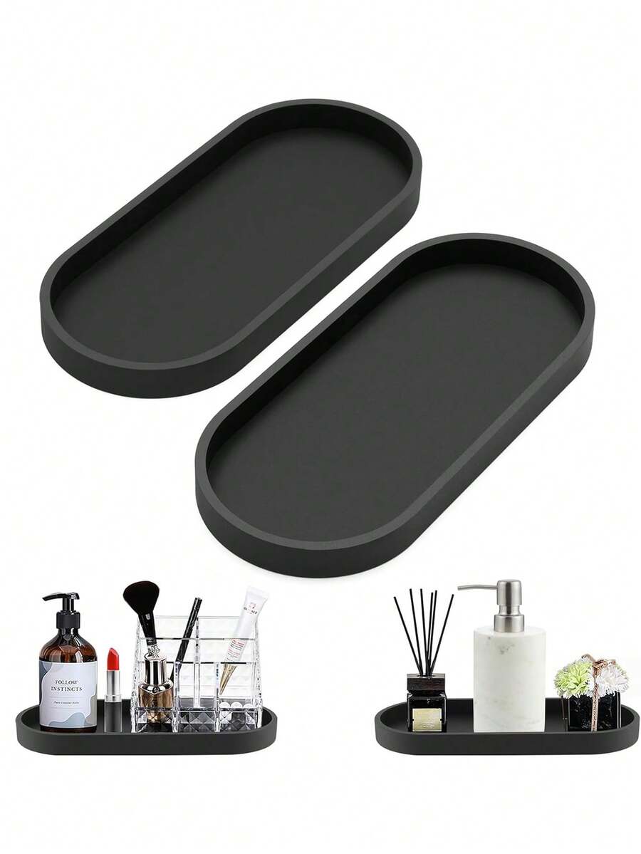 2pcs Oval Black Bathroom Vanity Tray, Cosmetic Storage & Display Tray, Desktop Decor Tray, Item Organizer, Silicone Material, Suitable For Living Room, Bedroom, Sink, Bathroom And Kitchen Sink