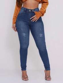 Women's Skinny High Waist Jeans With Lycra Basic Butt Lift Effect - 石油藍洗液 - 查看 15