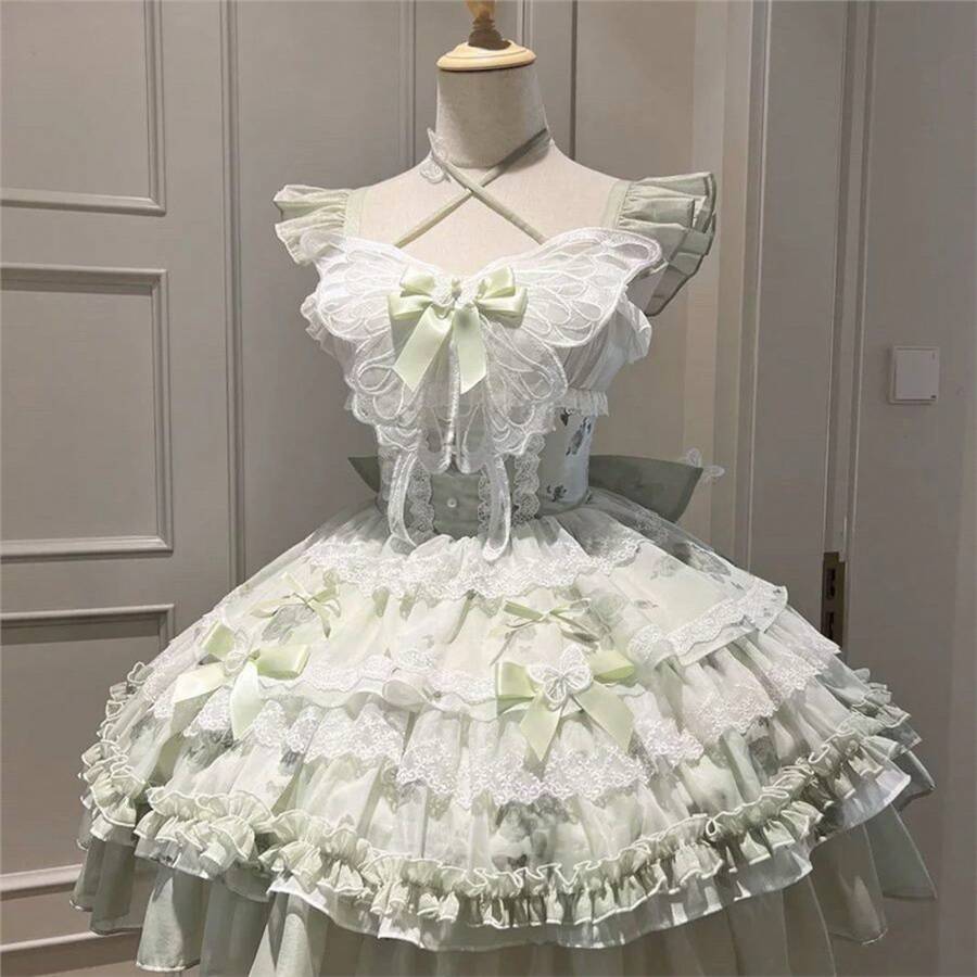 About The Flowering Period White Green Butterfly Summer Super Fairy Dress Fresh Princess Girl Birthday Short Skirt Lolita - 蝴蝶裙(送飛機盒) - 查看 1