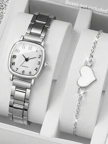 Set de 2 relojes de mujer con esfera cuadrada minimalista y correa de acero + pulsera - Plateado - Ver 8