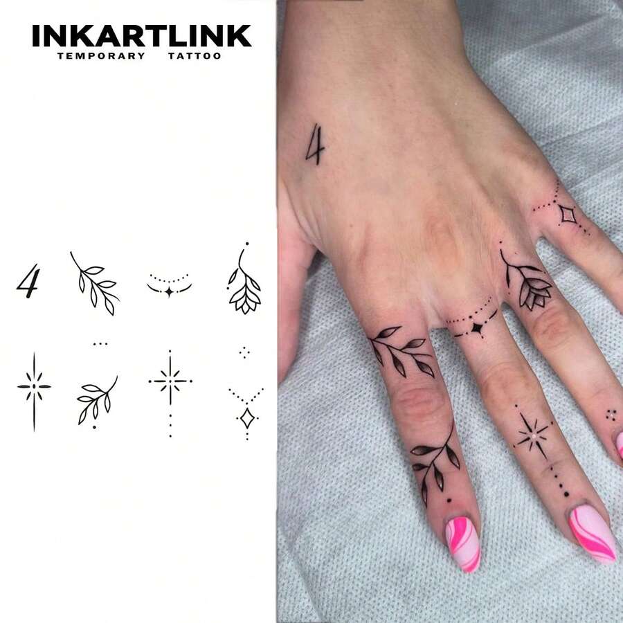 INKARTLINK Botanical Leaf Temporary Tattoos, Geometric Star, Diamond, Dot Line Designs, Realistic Tattoo Appearance, Waterproof Long-Lasting 1-2 Weeks - Black - View 1