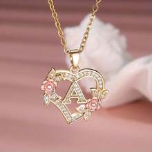 Heart Letter Rose Flower Necklace, Women's Fashion Pendant Valentine's Day Gift - K - Xem 1