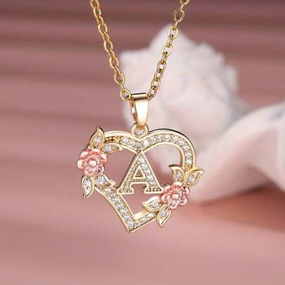 Heart Letter Rose Flower Necklace, Women's Fashion Pendant Valentine's Day Gift