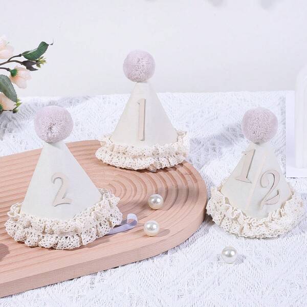 1pc,Beige Lace Half 1/2 Year Old/1 Year Old/2 Year Old Baby Birthday Hat, Lace Princess Party Crown, Unisex Adjustable Newborn Hat With Pompom Decoration, Cake Crush Sweet Felt Party Decoration And Photo Props