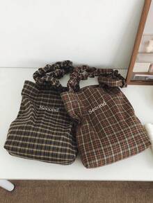 New Casual Fashion Plaid Tote Bag, Pleated Strap, Korean Style Loose Lettering Handbag, Foldable Large Capacity Shoulder Bag For University, Shopping, Travel , Office Bag - Multicolor - View 12