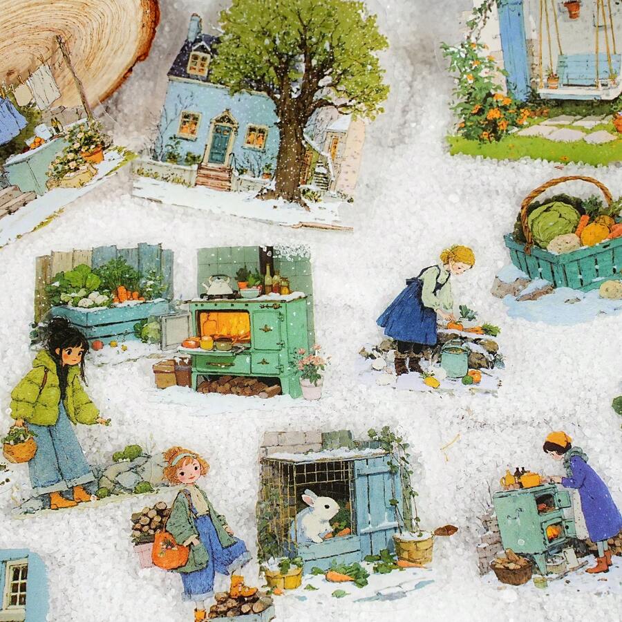 15 件/包冬季风景贴纸，创意美学贴纸贴花，DIY 装饰拼贴工艺材料，节日礼物，个性化剪贴簿学校用品 - 綠色 - 查看 1