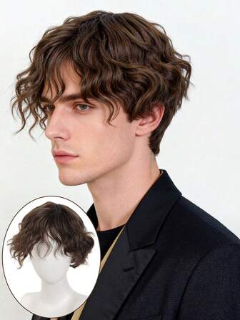 Peluca corta rizada y texturizada para hombre con flequillo, color marrón chocolate, 8 pulgadas, adecuada para uso diario y disfraz de Halloween