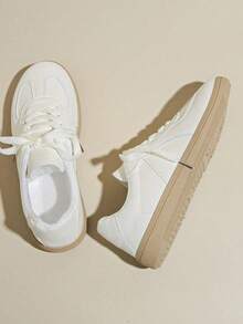 Zapatillas Deportivas Casuales para Mujer con Suela Antideslizante y Plataforma Baja, Tenis Blancos de Punta Redonda Estilo Retro, Zapatos Cómodos e Impermeables para Todas las Estaciones - Blanco - Ver 6