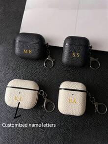 [Customized]Personalized Custom Golden Initials Letters Customize Earphone Case Compatible With Airpods 1 2 3 4 Pro 2 Luxury Faux Leather Litchi Pattern TPU Cover With Keychain,Stylish,Colorful,Vintage,Cute,Contracted,Funny,Custom,Personalized,Unique,Customized,Ideal Gifts For Him,Ideal Gifts For Her,Boyfriend,Girlfriend,Family,Friends,Grandparents,Couple,For Anniversaries,For Birthdays,Season Picks