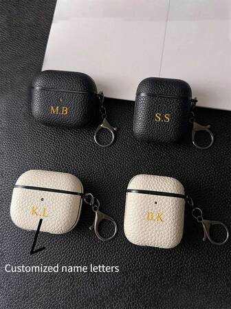 [Customized]Personalized Custom Golden Initials Letters Customize Earphone Case Compatible With 1 2 3 4 Pro 2 Pro 3 Luxury Faux Leather Pattern TPU Cover With Keychain