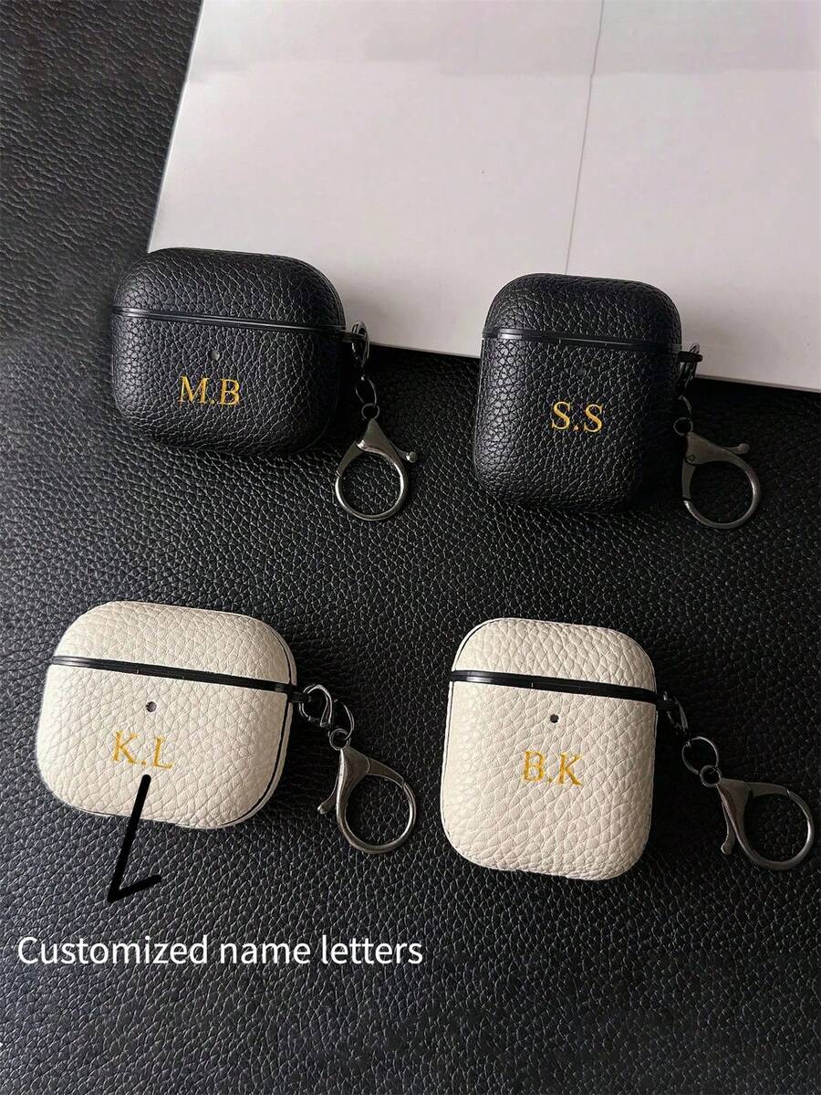 [Customized]Personalized Custom Golden Initials Letters Customize Earphone Case Compatible With Airpods 1 2 3 4 Pro 2 Luxury Faux Leather Litchi Pattern TPU Cover With Keychain,Stylish,Colorful,Vintage,Cute,Contracted,Funny,Custom,Personalized,Unique,Customized,Ideal Gifts For Him,Ideal Gifts For Her,Boyfriend,Girlfriend,Family,Friends,Grandparents,Couple,For Anniversaries,For Birthdays,Season Picks