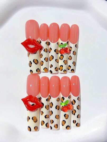 10pcs Valentine's Day Nail Stickers, Y2K Cute Extended Coffin Leopard Print Red Lip Handmade Press-On Nail Stickers, With Extra Large Red Lip And Red Cherry Decor; Nail Art Supplies, DIY Nail Stickers, Acrylic Fake Nails; Suitable For Valentine's Day, Parties, Daily Wear, Weddings; Great Gift For Women And Girls; Includes 1 Piece Jelly Gel And 1 Mini Nail File.
