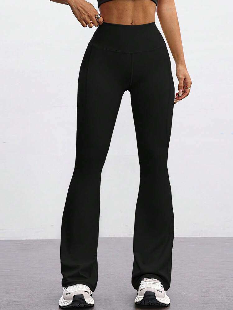 Pantalones elegantes, versátiles y estilizantes de estilo europeo, con cintura alta, piernas anchas y efecto levantador de glúteos, ideales para yoga, fitness y deportes de invierno - Negro - Añade 2