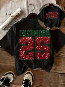 1pc Camiseta Casual de Cuello Redondo para Mujeres con Impresión Geométrica de Feliz Navidad y 25 de Diciembre, Tejido de Poliéster, Pullover de Manga Corta para Todas las Estaciones - Negro - Ver 4