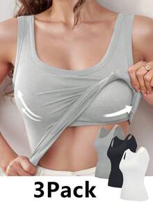 3Pcs Women's Cozy Pajamas,Camisole Tank Tops,With Built In Bra, Simple Breathable Tank Top, Basic Yoga Top Layering Tank Top Padded Bra Undershirt.Suitable For Summer, Fall(Black +White+Gray) - 黑色,白色和灰色 - 查看 9