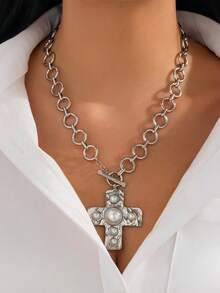 Hammered Bold Cross Necklace Thick Chain Set For Women Men Chunky Golden Silvery Statement Pendant Necklace Vintage Chain Pendant Jewelry - Silver - View 3