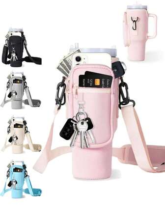 1PC Water Bottle Carrier Bag With Phone Pocket,Suitable For 40/30oz Tumbler With Handle With Adjustable Strap Bollus,Key Hook,Suitable For Hiking Travelling Camping SportsWater Bottle Case Insulated Bag Crossbody