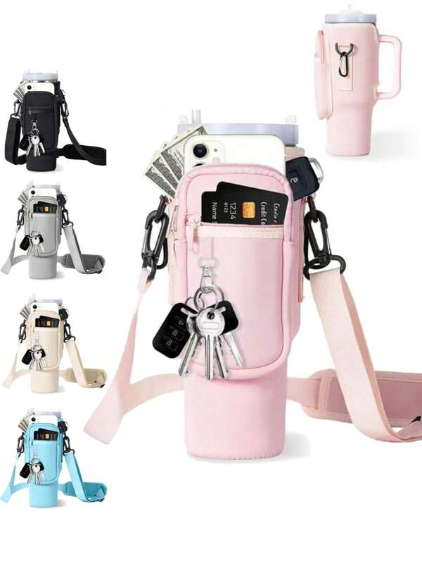 1 pieza Bolsa portabotella de agua con bolsillo para teléfono, adecuada para termos de 40/30 onzas con asa, con correa ajustable, gancho para llaves, adecuada para senderismo, viajes, camping y deportes. Bolsa aislada para botella de agua con bandolera