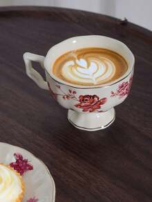 1 pièce Tasse à expresso française en céramique de 100 ml et soucoupe, tasse à café pour le thé de l'après-midi, tasse à café élégante en céramique et soucoupe, service à thé de l'après-midi vintage avec motif floral - carthame - Voir 8