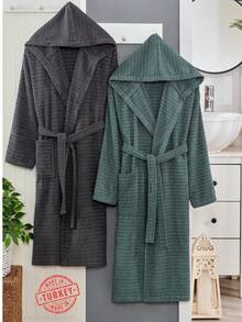 2-Piece 100% Cotton Unisex Bathrobe Set – Black & Green Color Options, Fluffy Hooded Robes For Women & Men, Terry Cloth, Soft With Long Belt – Ideal For Spa, Sauna & Daily Use – S/M & L/XL – Made In Turkey - 墨綠色 - 查看 12