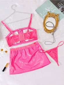 3pcs Sexy Lingerie Set, Includes Chest Strap Bra, Suspender Mini Skirt, And G-String - Pink - View 13