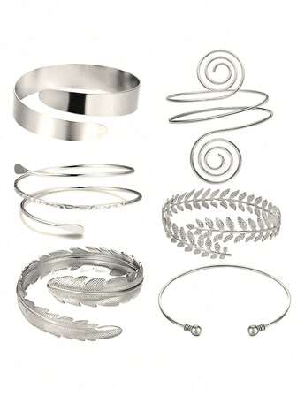 6pcs Personalized Exaggerated Leaf Bangle, Geometric Metal Arm Cuff