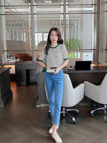 Top de rayas para mujer,Camiseta de punto con cuello redondo estampado,Camiseta de manga corta casual sencilla y versátil - Verde - Ver 9