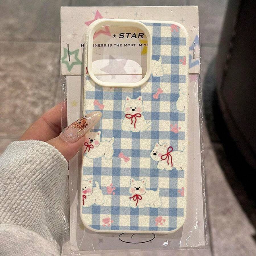 1 ốp lưng điện thoại chất liệu TPU họa tiết kẻ caro xanh trắng dễ thương hình cún con, tương thích với iPhone 17 Pro Max/17/16 Pro Max/15/13/12/11, S20 FE/A15/S24/A55, tương thích với Redmi Note 11/12/13 Pro, bảo vệ toàn diện chống rơi vỡ, phiên bản quốc tế, không phải phiên bản nội địa. - trắng - Xem 1