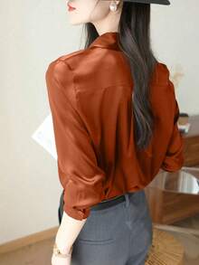 Women's Elegant Solid Color Button-Up Long Sleeve Shirt, Suitable For Commuting, Autumn - Turmeric - View 2