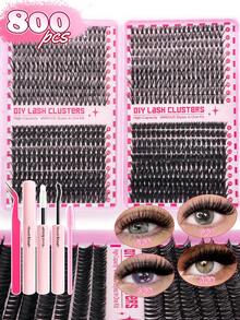 Juego de 800 pestañas postizas en racimo, incluye estilos mixtos de 30D/40D/60D/80D y 40D/60D/80D/100D, talla grande 720 pestañas naturales y esponjosas de 40D/80D, ligeras y cómodas, fáciles de aplicar, reutilizables y duraderas. El set incluye 1 pinza, 1 cepillo para pestañas y 1 adhesivo. Ideal para principiantes que quieran hacer extensiones de pestañas en casa u al aire libre, adecuado para maquillaje diario, fiestas, bodas, cosplay o viajes. - Negro - Ver 1