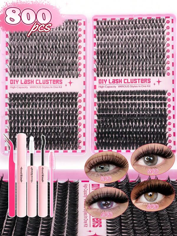 800 pièces Ensemble de cils en grappe, styles mixtes 30D/40D/60D/80D et 40D/60D/80D/100D, et 720 pièces de cils denses et volumineux à l'aspect naturel et ébouriffé 40D/80D. Légers et confortables, faciles à appliquer, réutilisables et durables. Comprend 1 pince à épiler, 1 brosse à cils, 1 colle et scellant. Parfait pour un kit d'extension de cils DIY pour débutants à la maison ou en déplacement. Idéal pour le maquillage quotidien, les fêtes, les mariages, le cosplay ou les voyages.