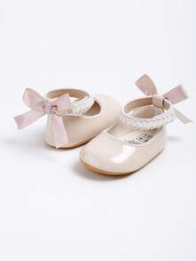 婴儿/新生儿玛丽珍平底鞋 - 婴儿学步鞋，柔软橡胶鞋底，公主风婚鞋 - 米色 - 查看 3