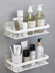 半件装白色浴室收纳架，大容量壁挂式，无需钻孔，铝合金材质 - 壁挂式淋浴洗发水架、浴室毛巾架、壁挂式矩形支架、粘贴式浴室淋浴架 - 厨房配件、浴室配件、浴室和厨房收纳、墙面装饰、圣诞礼物、浴室配件、浴室工具、浴室配件 - 白色 - 查看 5