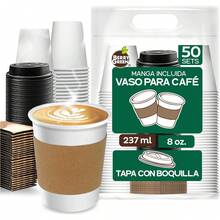 50 Vasos para Cafe de 8 oz (237 ml) Resistentes con Tapa y Manga Protectora, Perfecta Para Cafe, Te y Todo Tipo de Bebidas Calientes, sin Derrames, Biodegradables - 8 onzas - Ver 1