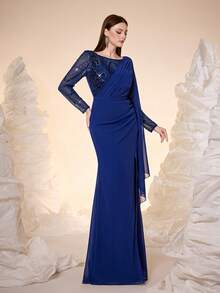 Mgiacy, New Arrival, Round Neck, Sequin, Shining, Ball Dress, Belt, Perspective, Ruffle, High Slit, FOR, Prom Wedding, Party Dress, Wedding Guest Dress, Evening Dress - Royal Blue - View 5