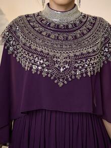 Mgiacy-Classy High Neck Sequin Elegant Evening Gown, Embroidered Pearl Collar Shawl, Chiffon, Suitable For Formal Dinner, Party Dress, Wedding Guest Dress - Dark Purple - View 8